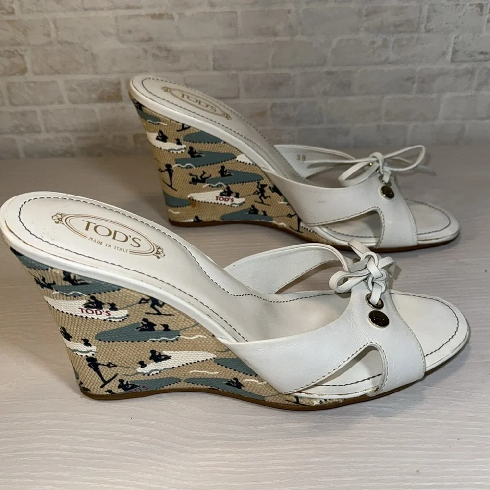 Tod's White Ribbon Wedge Wakeboard Pattern Espadrille Sandal Heel Shoes